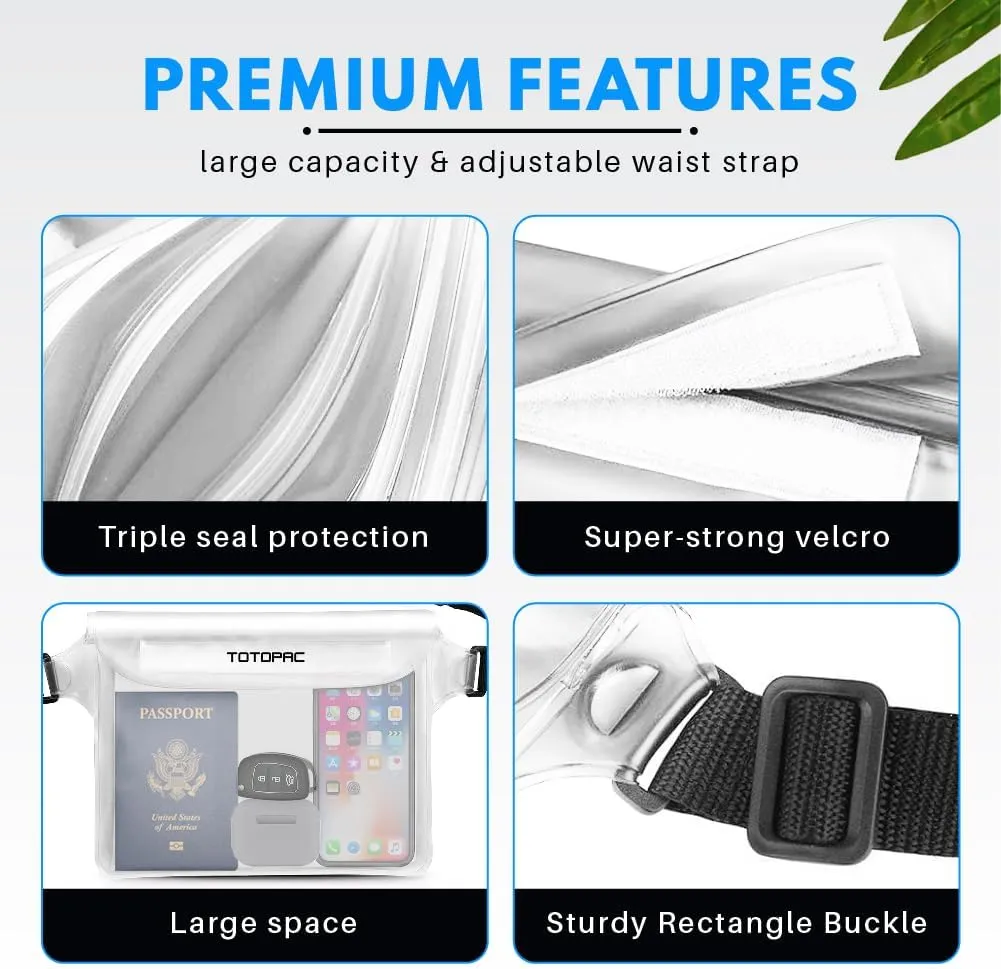2-Pack Waterproof Fanny Pack, Phone Pouch with Waist Strap, 9x6.7 Inch Dry Bag for Phone, Cash, and Valuables  for Swimming, Kayaking, Boating, Snorkeling, and Water Sports (2, Black   White)