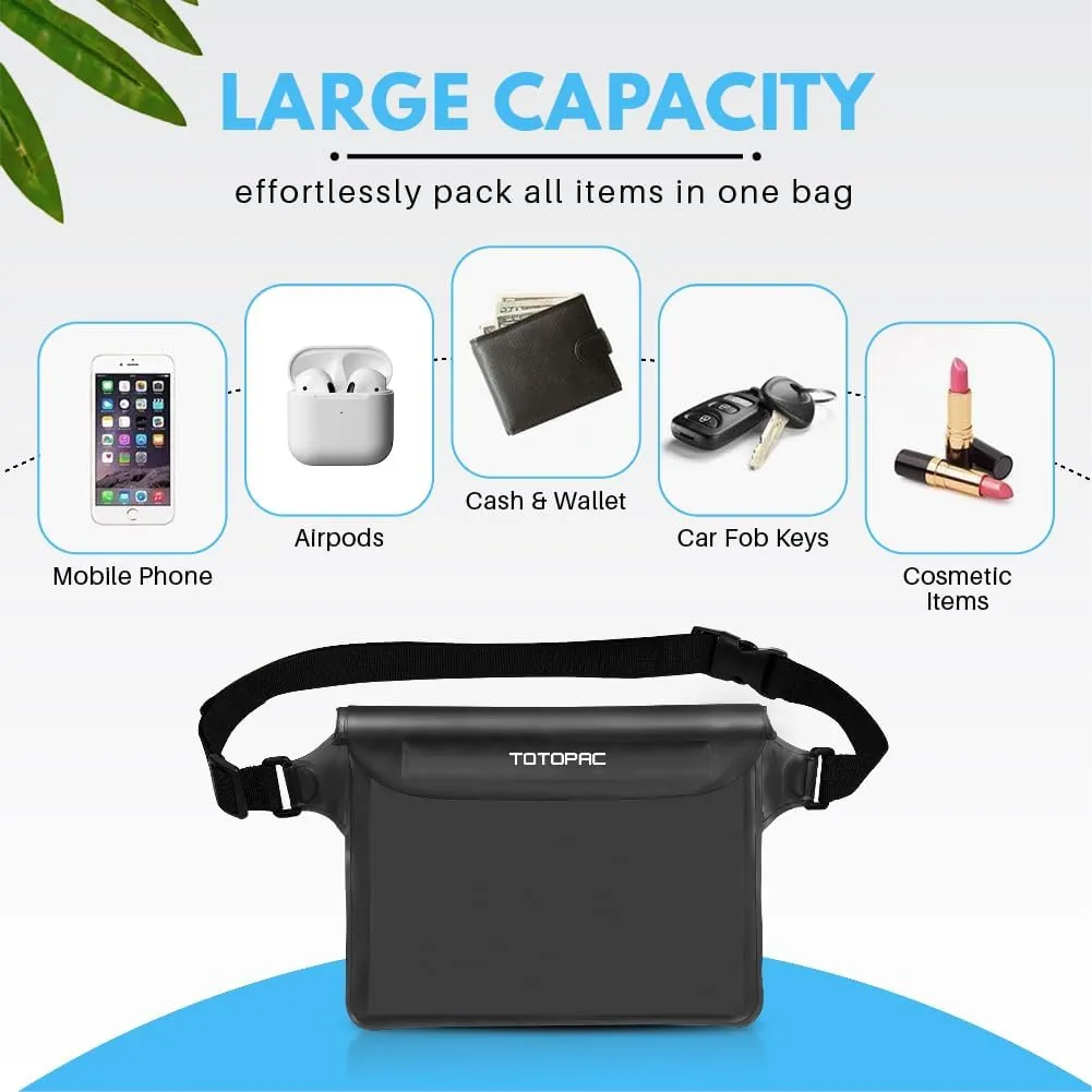 2-Pack Waterproof Fanny Pack, Phone Pouch with Waist Strap, 9x6.7 Inch Dry Bag for Phone, Cash, and Valuables  for Swimming, Kayaking, Boating, Snorkeling, and Water Sports (2, Black   White)