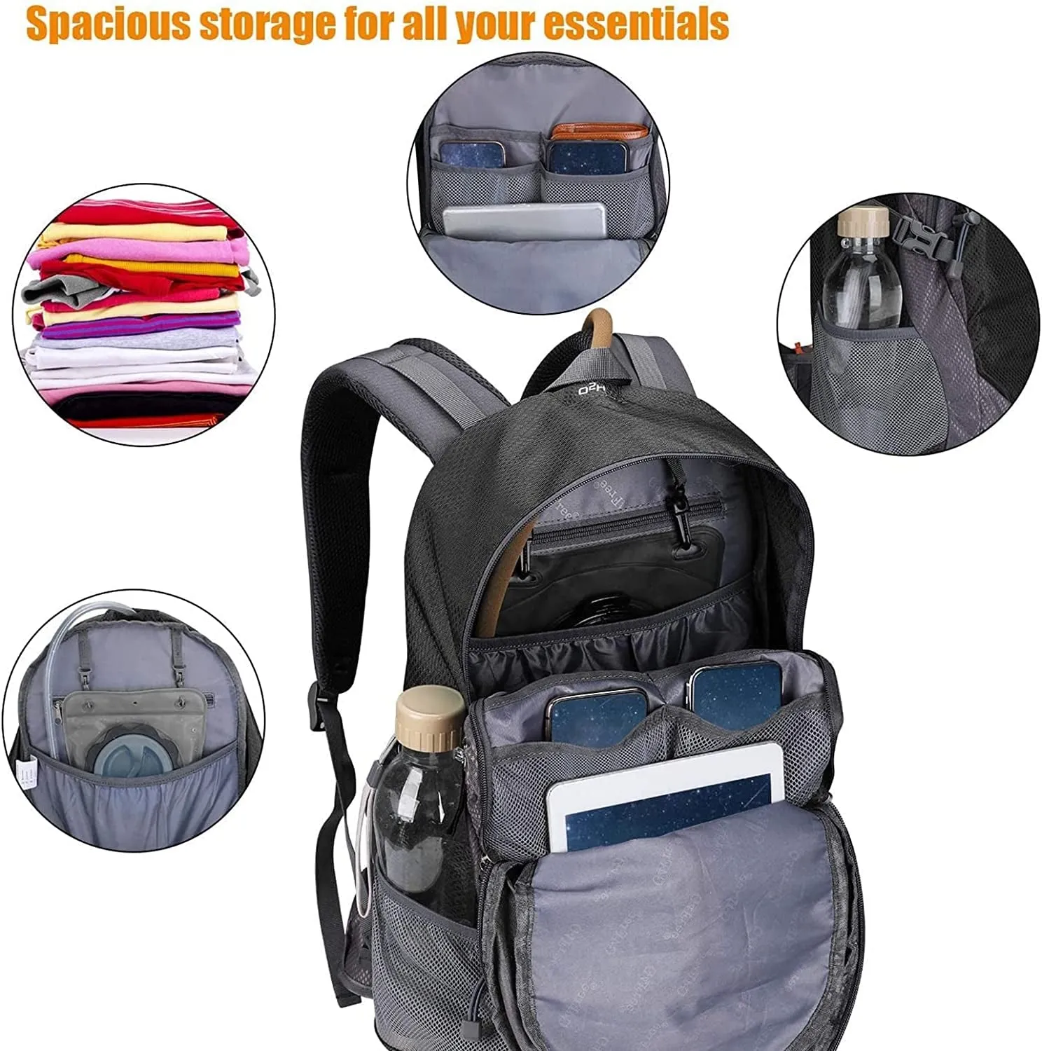 35L Hiking Backpack Water Resistant Outdoor Sports Travel Daypack Lightweight with Rain Cover for Women Men (Black)