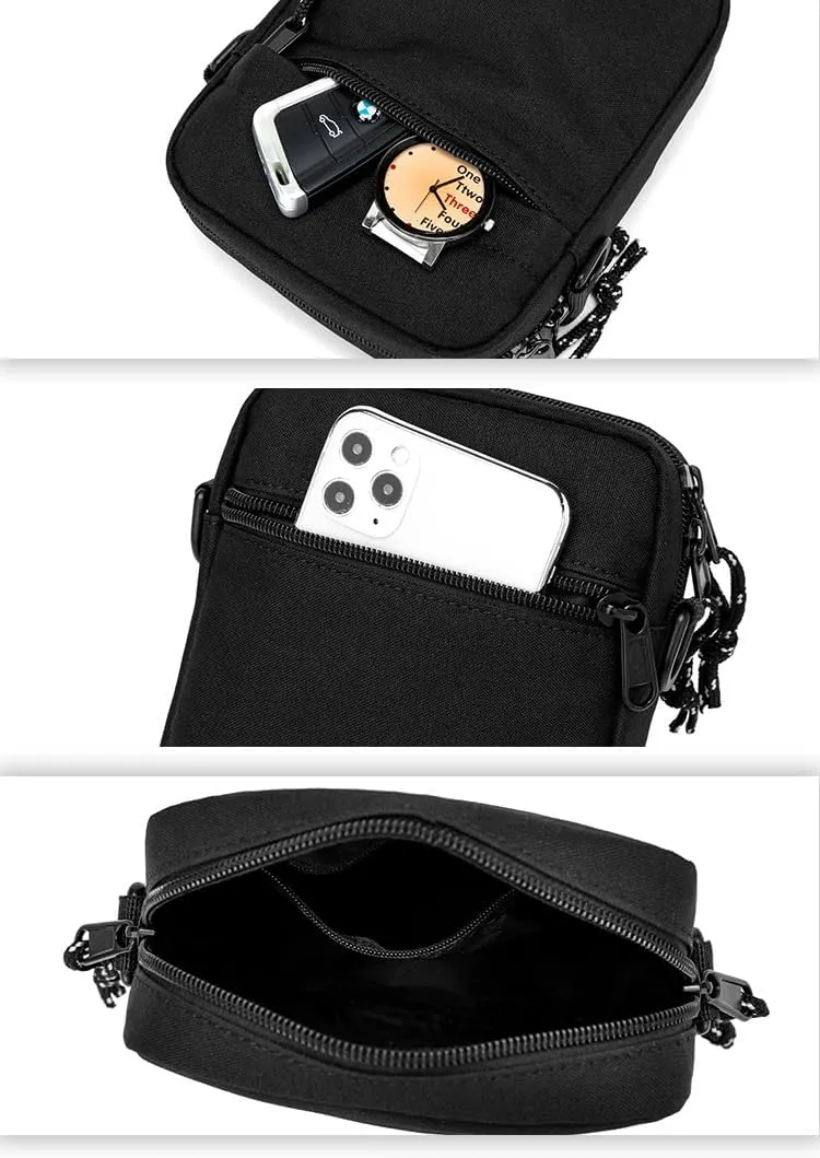 Adjustable One Shoulder Crossbody Zip Bag Adjustable Strap Lightweight Waterproof Scratches Proof Woman and Man Street style Hiking Biking Travel Adult Nylon 7.5 Inch Black