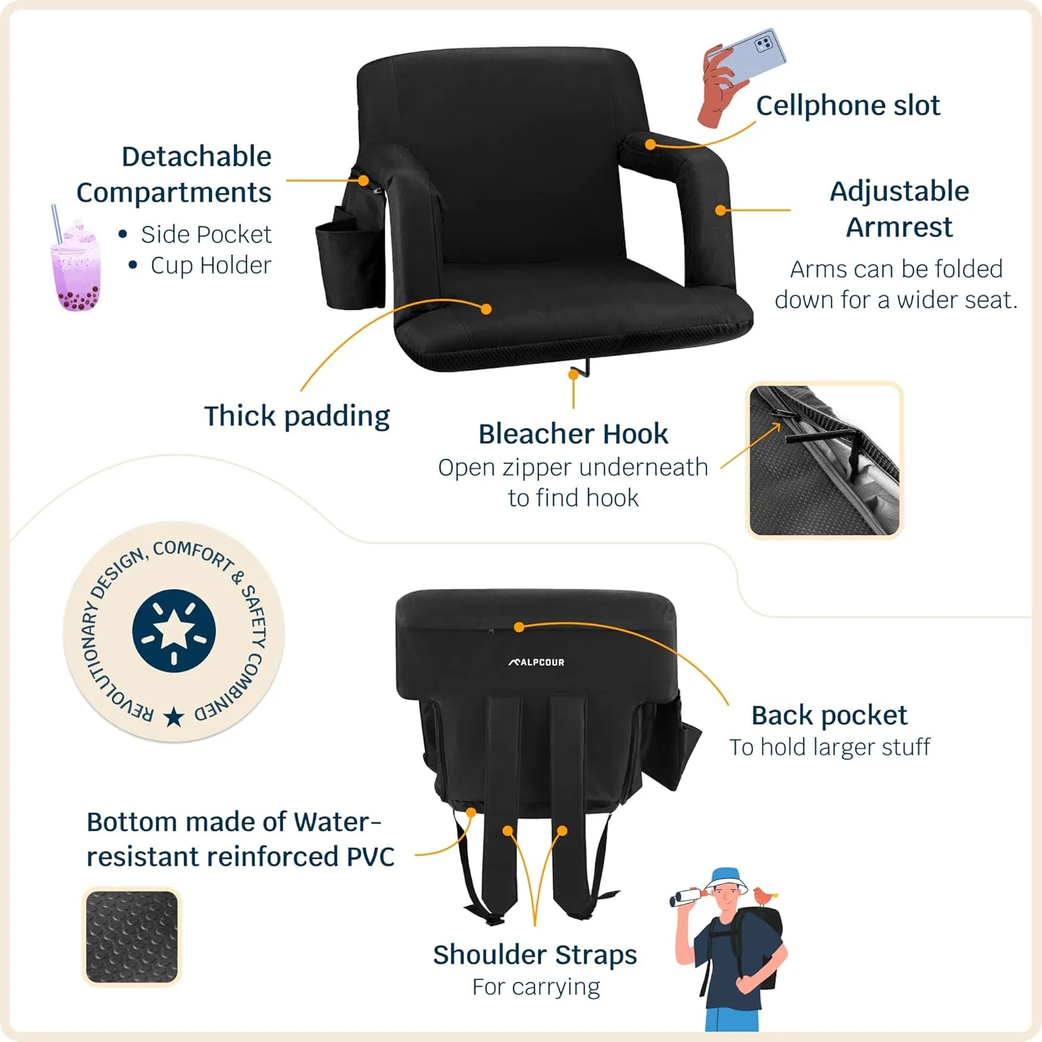 Alpcour Reclining Stadium Seat  Wide Bleacher Chair with Back Support and Cushion, Armrests, Side Pockets, and Bleachers Hook  Best Stadium Seats Chairs for Camping, Kayak, & Paddle Board Backs