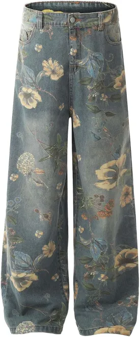 American Retro hot Girl Washed and Distressed Floral Denim Pants, Y2K Wide Leg Loose Jeans