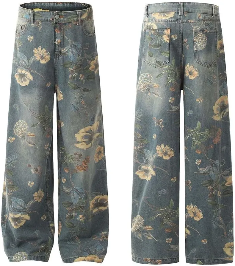 American Retro hot Girl Washed and Distressed Floral Denim Pants, Y2K Wide Leg Loose Jeans
