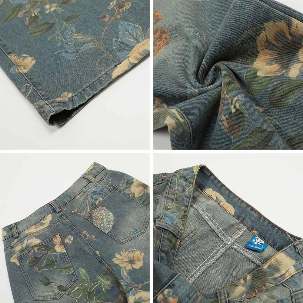 American Retro hot Girl Washed and Distressed Floral Denim Pants, Y2K Wide Leg Loose Jeans