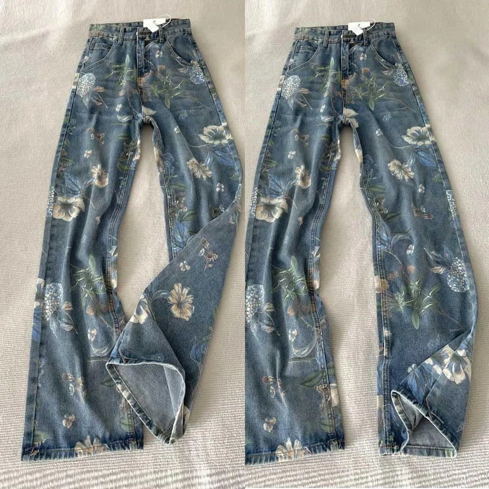 American Retro hot Girl Washed and Distressed Floral Denim Pants, Y2K Wide Leg Loose Jeans