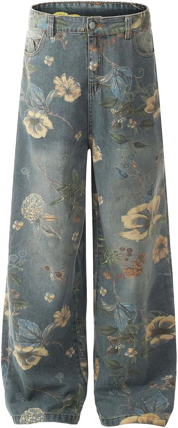 American Retro hot Girl Washed and Distressed Floral Denim Pants, Y2K Wide Leg Loose Jeans