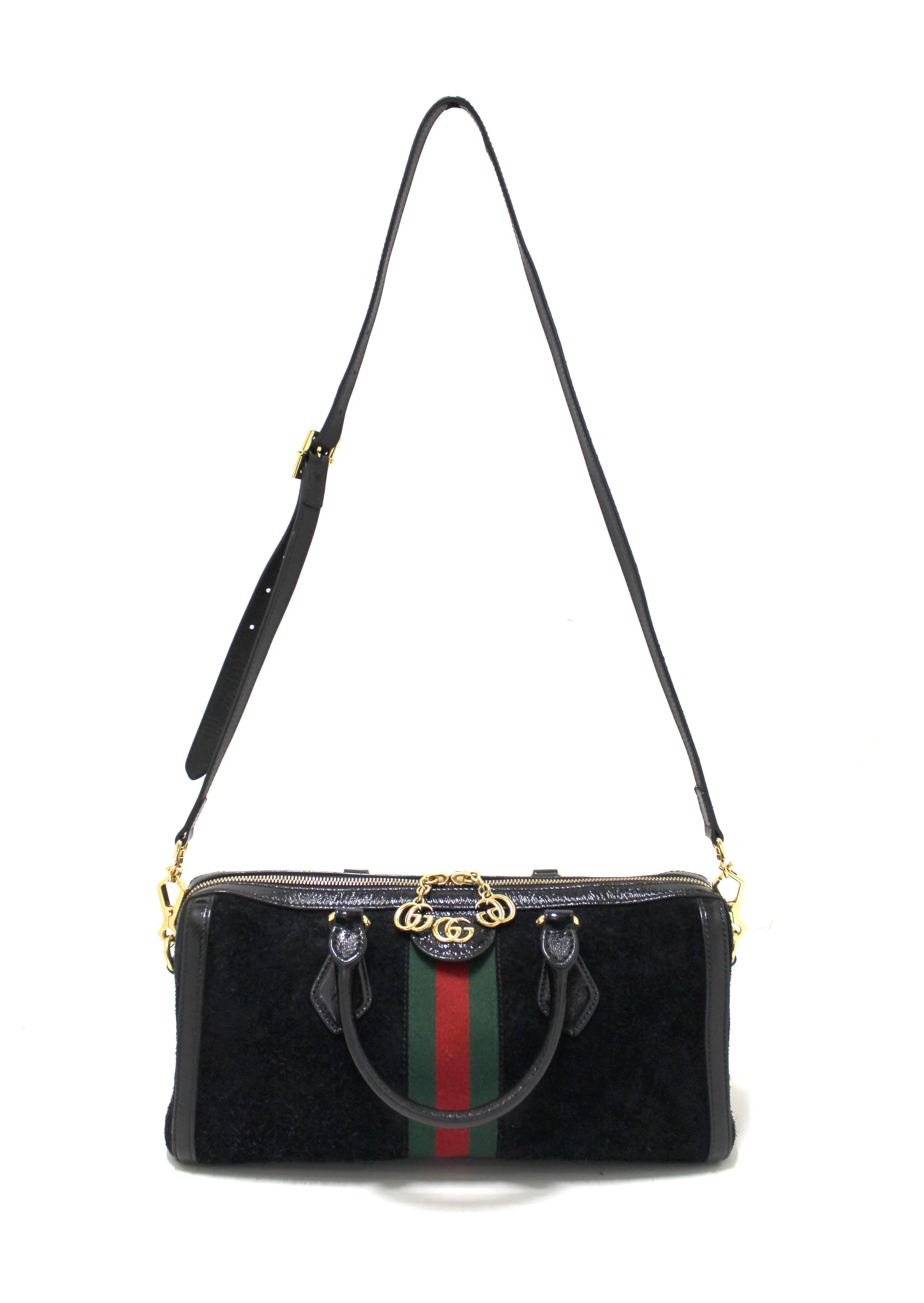 Authentic Gucci Black Suede/Patent Leather Medium Ophidia Boston Bag
