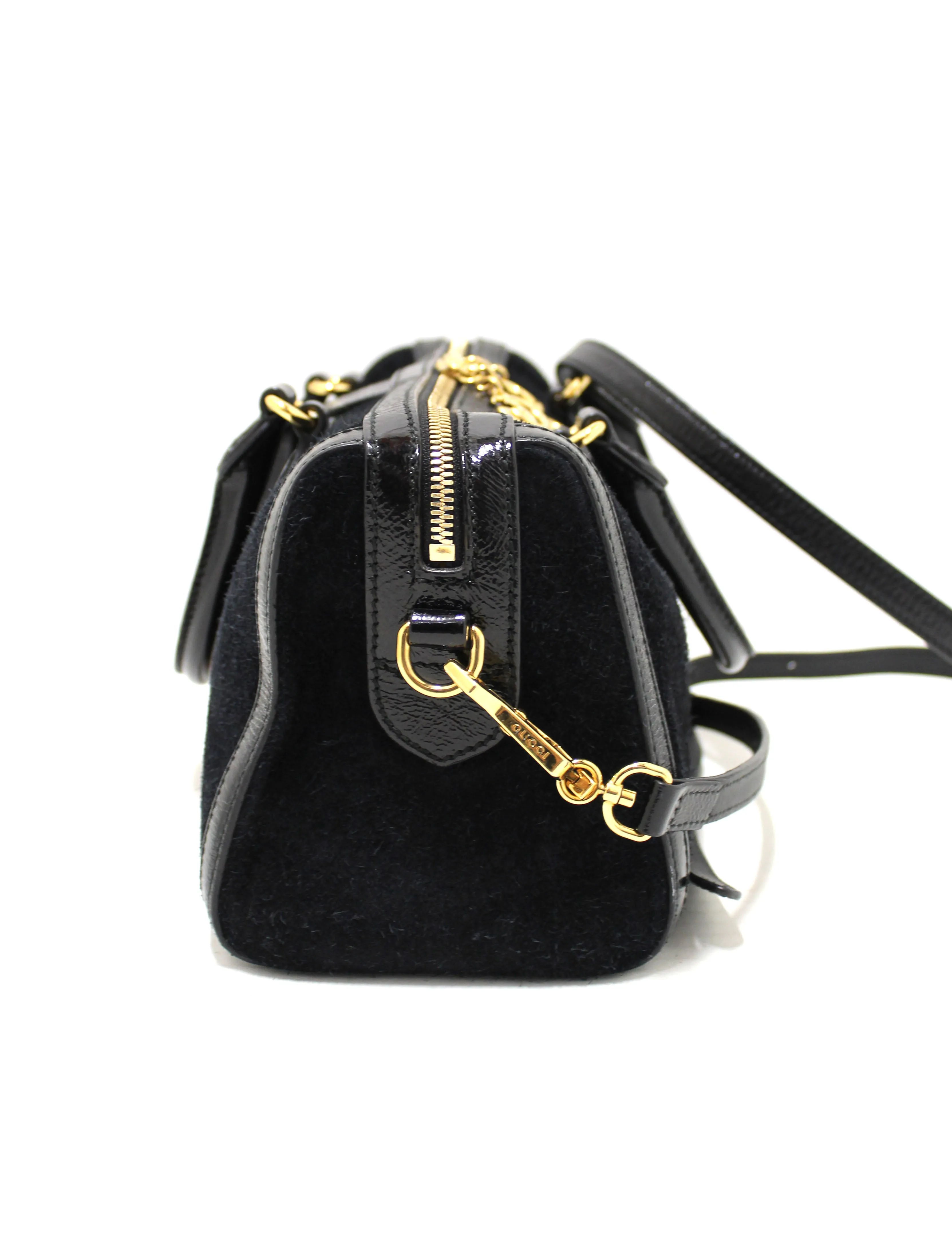 Authentic Gucci Black Suede/Patent Leather Medium Ophidia Boston Bag