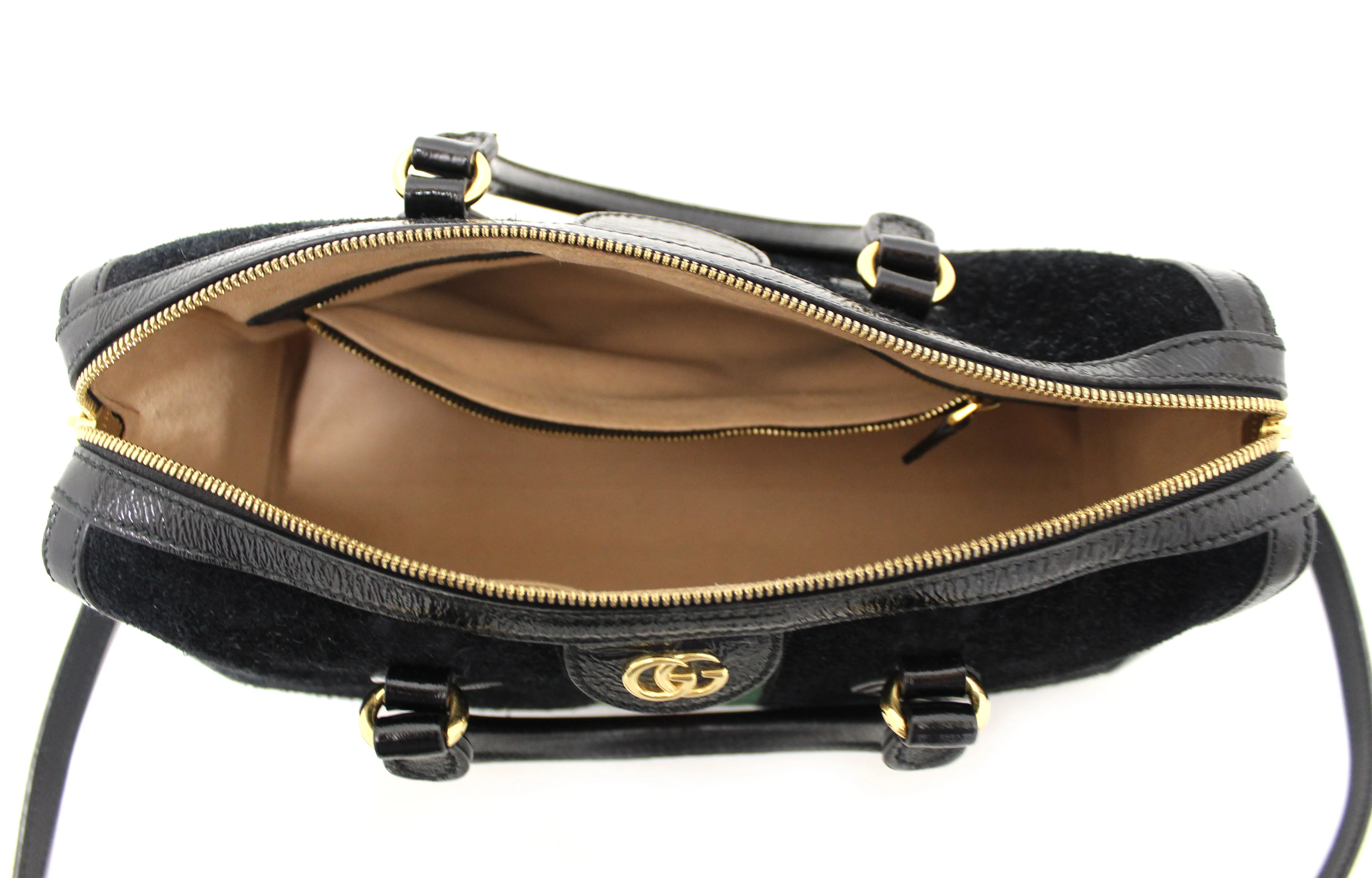 Authentic Gucci Black Suede/Patent Leather Medium Ophidia Boston Bag