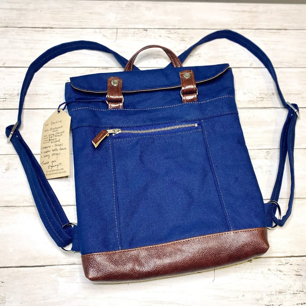 Backpack Mini in Navy Canvas, Dark Roast