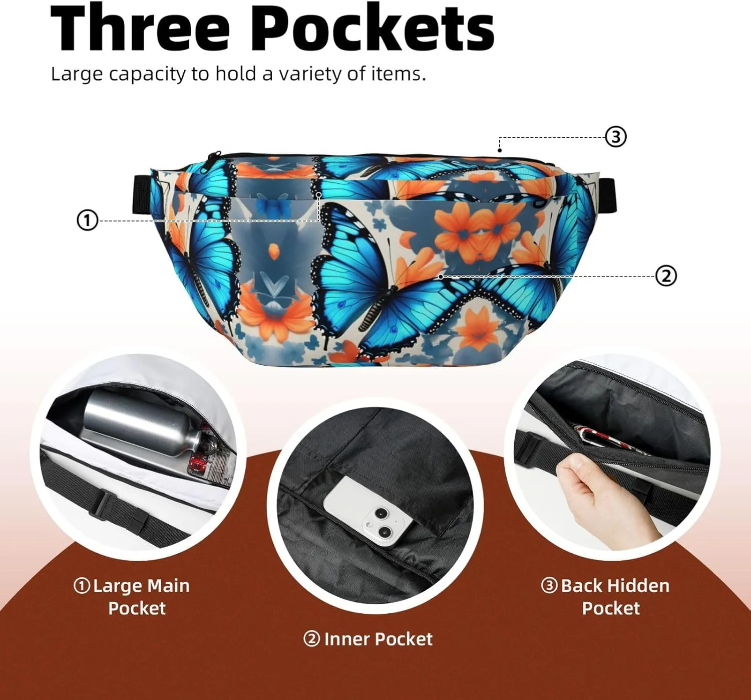 Blue Butterfly Fanny Pack Crossbody Sling Bag  Zipper Pockets for Travel, Hiking, Cycling, Workouts, and Everyday Use