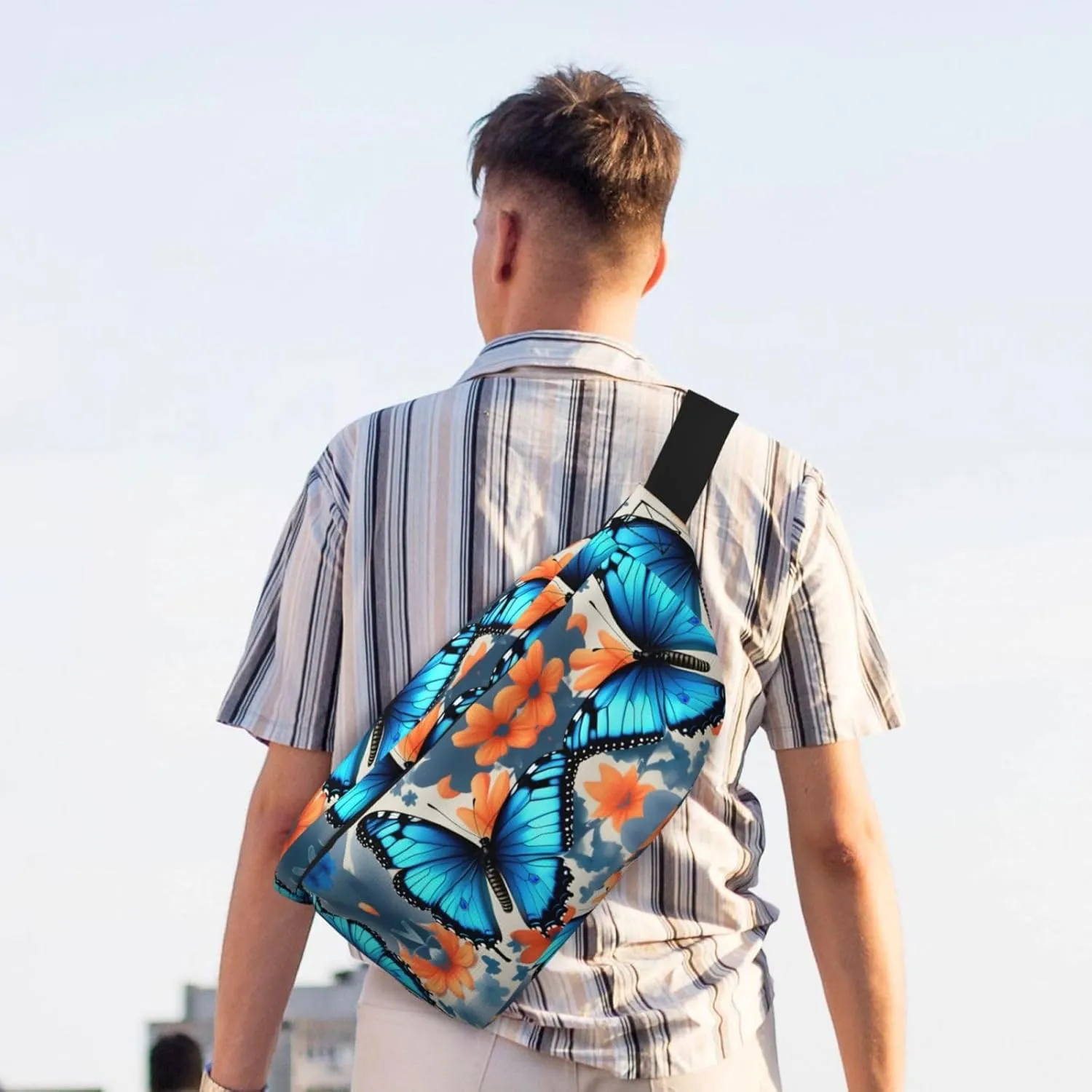 Blue Butterfly Fanny Pack Crossbody Sling Bag  Zipper Pockets for Travel, Hiking, Cycling, Workouts, and Everyday Use