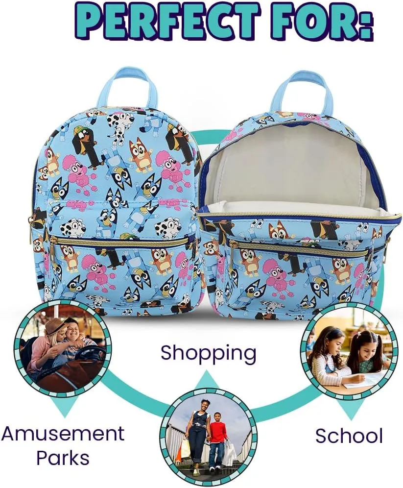Bluey and friends Mini PU Leather Backpack Purse with Adjustable Straps 10 In (Blue, One Size)