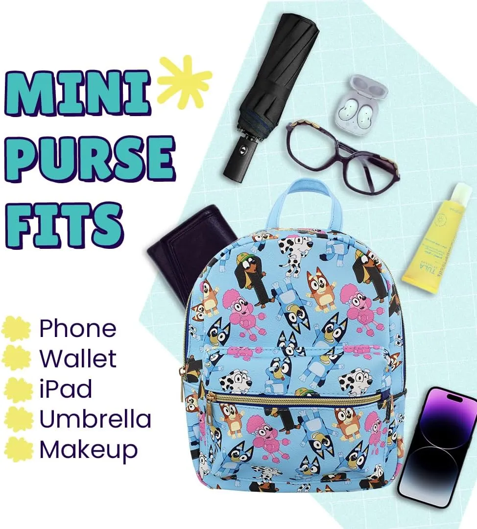 Bluey and friends Mini PU Leather Backpack Purse with Adjustable Straps 10 In (Blue, One Size)