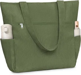 Buringer Corduroy Tote Bag for Women Large Shoulder Bag with Zipper and Pockets for Travel Gym Vacation