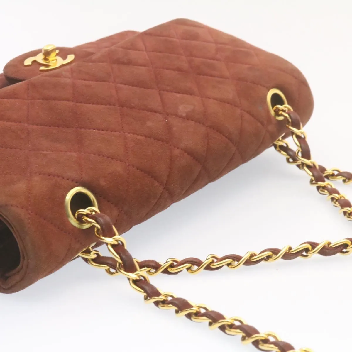 Chanel Matelasse 25 Double Flap Chain Suede Shoulder Bag Brown CC  22346A