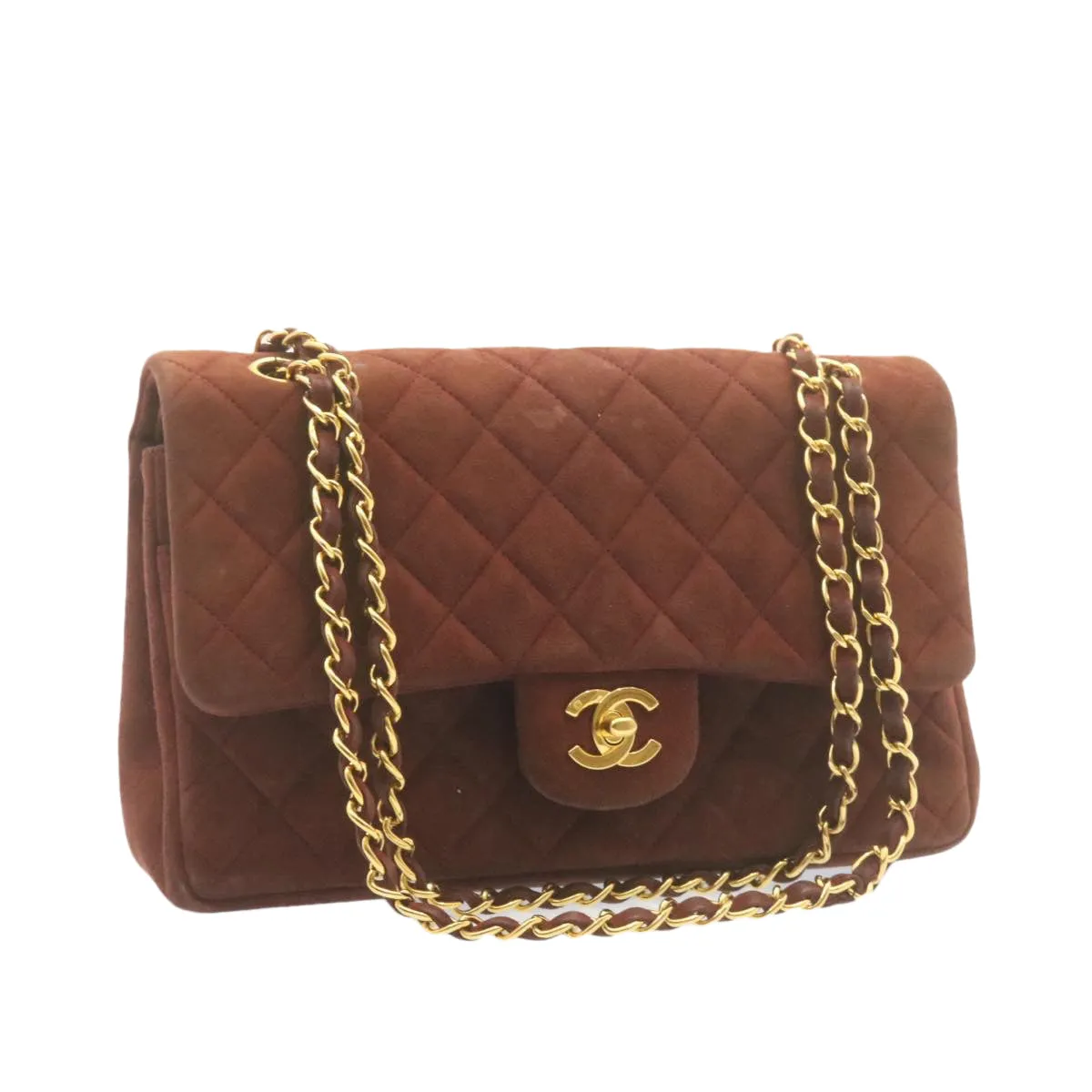 Chanel Matelasse 25 Double Flap Chain Suede Shoulder Bag Brown CC  22346A