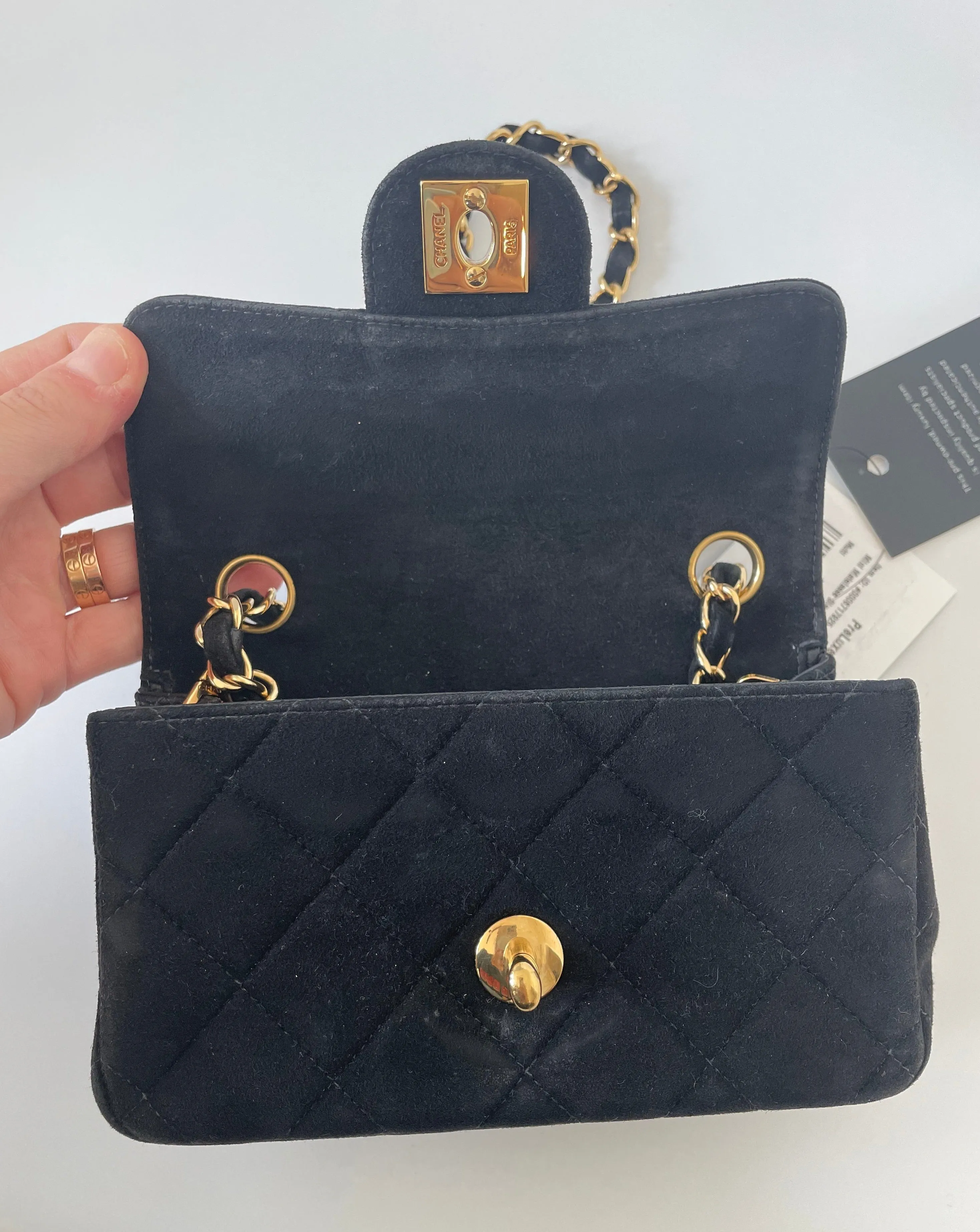 CHANEL | MINI MATELASSE FLAP BAG | BLACK SUEDE