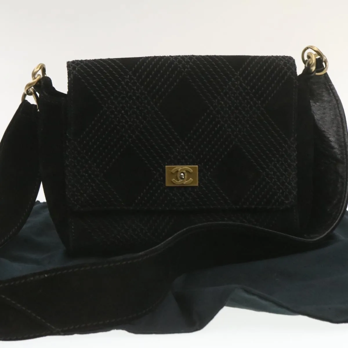 CHANEL Turn Lock Shoulder Bag Suede Black CC  18959