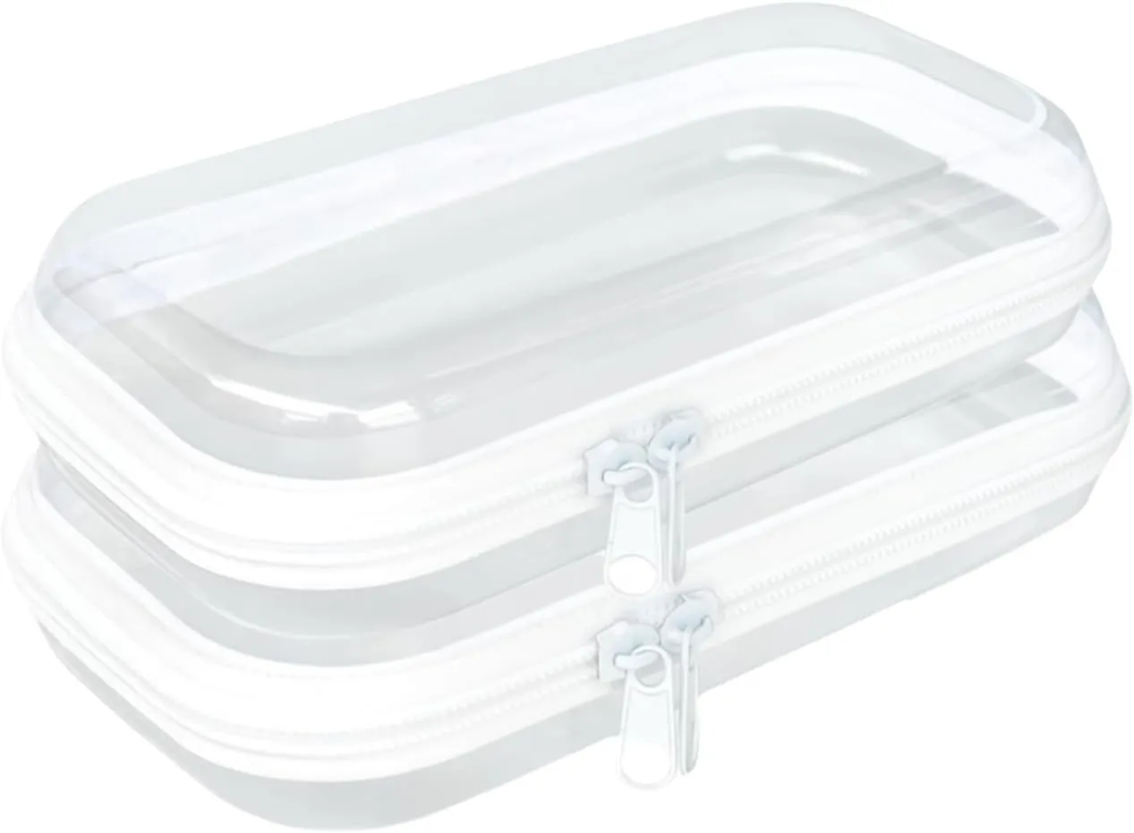 Clear Hard Plastic Zipper Case,2Pcs clear zipper caseProfessional-Grade Plastic Clear Zipper Pencil Case, Toiletry Pouch, Travel Organizer, Cosmetic Bag, Toy Storage Bins (2PCS-M)