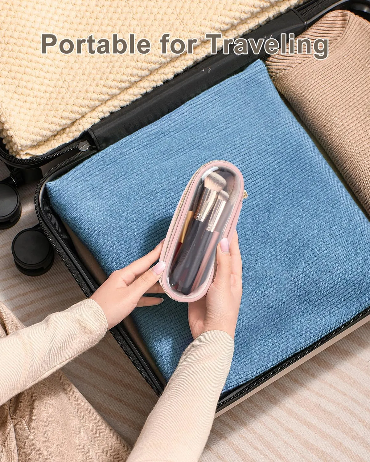 Clear Travel Makeup Brush Holder, Leather Makeup Brush Toiletry Bag, Portable Cosmetic Brush Case, Transparent Waterproof Makeup Brush Storage Bag, Pink