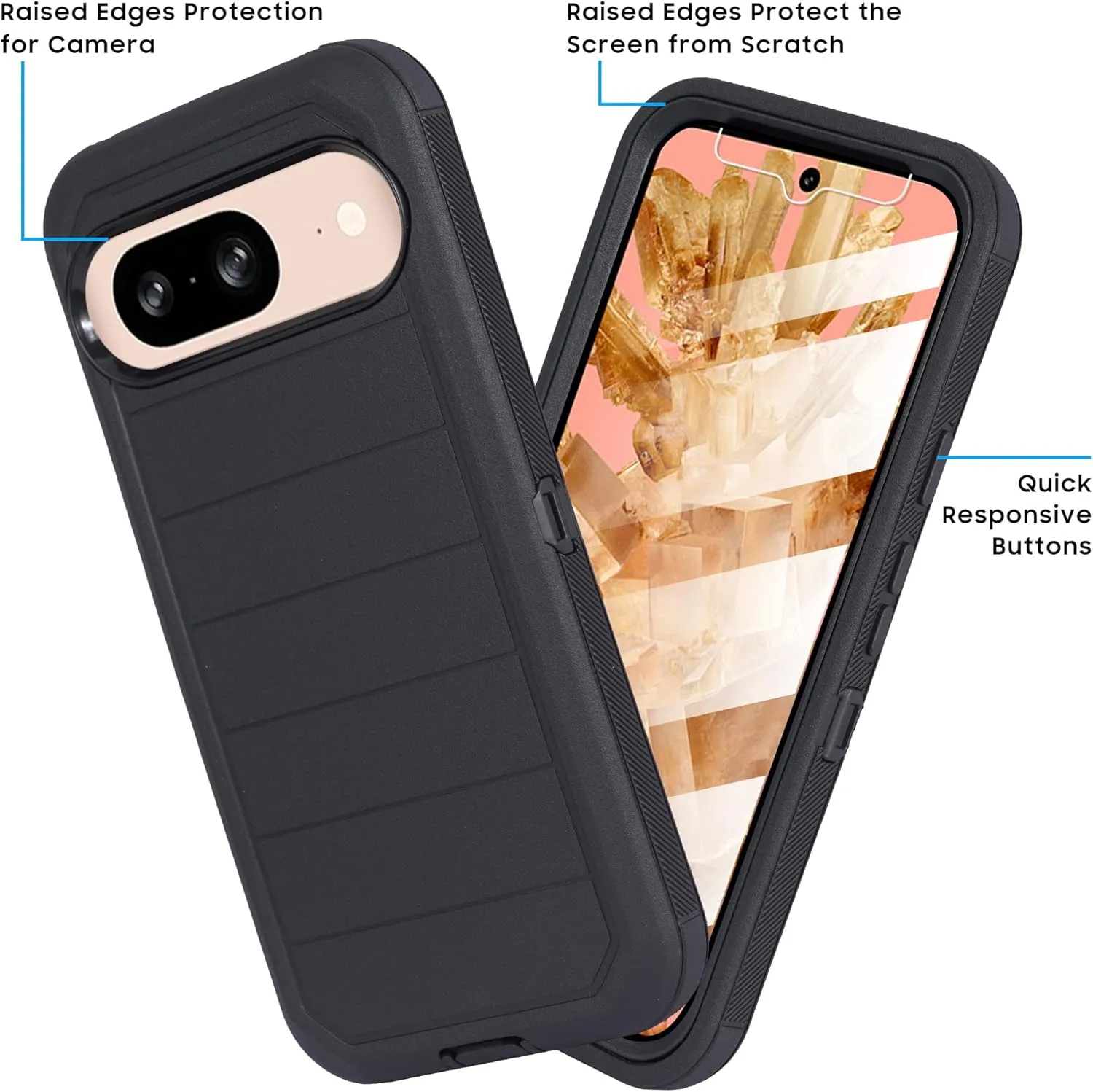 Compatible for Google Pixel 9 Built in Screen Protection Shockproof Dual Layer Rugged Protective Case Belt Clip with Holster & Kickstand (Pro Black)