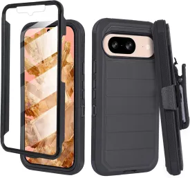 Compatible for Google Pixel 9 Built in Screen Protection Shockproof Dual Layer Rugged Protective Case Belt Clip with Holster & Kickstand (Pro Black)