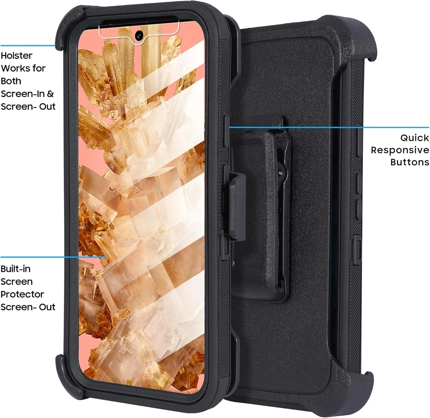 Compatible for Google Pixel 9 Built in Screen Protection Shockproof Dual Layer Rugged Protective Case Belt Clip with Holster & Kickstand (Pro Black)