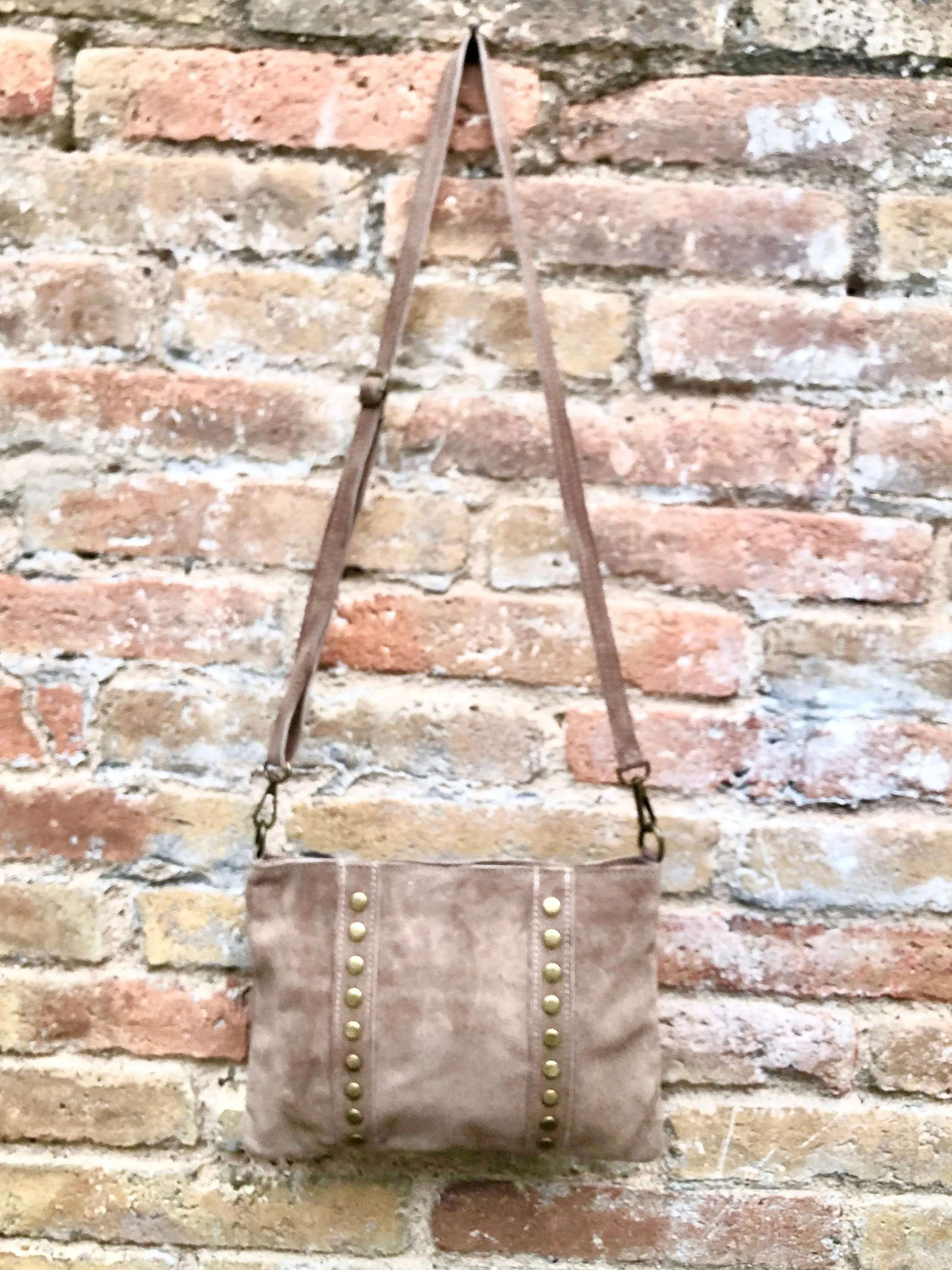 Crossbody bag. Taupe BROWN boho suede leather purse with bronze color tacks Genuine suede leather messenger bag. Light brown crossbody bag
