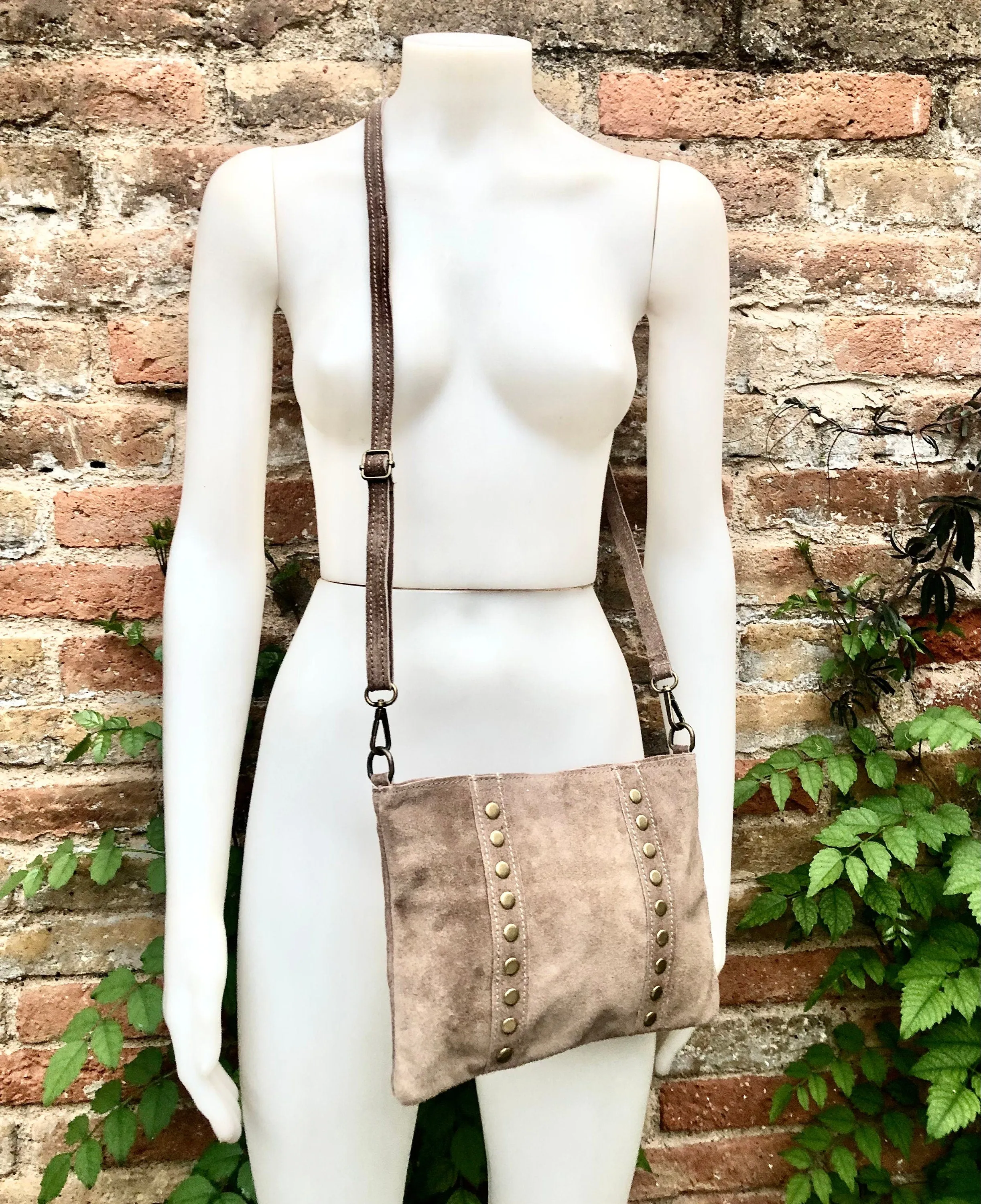 Crossbody bag. Taupe BROWN boho suede leather purse with bronze color tacks Genuine suede leather messenger bag. Light brown crossbody bag