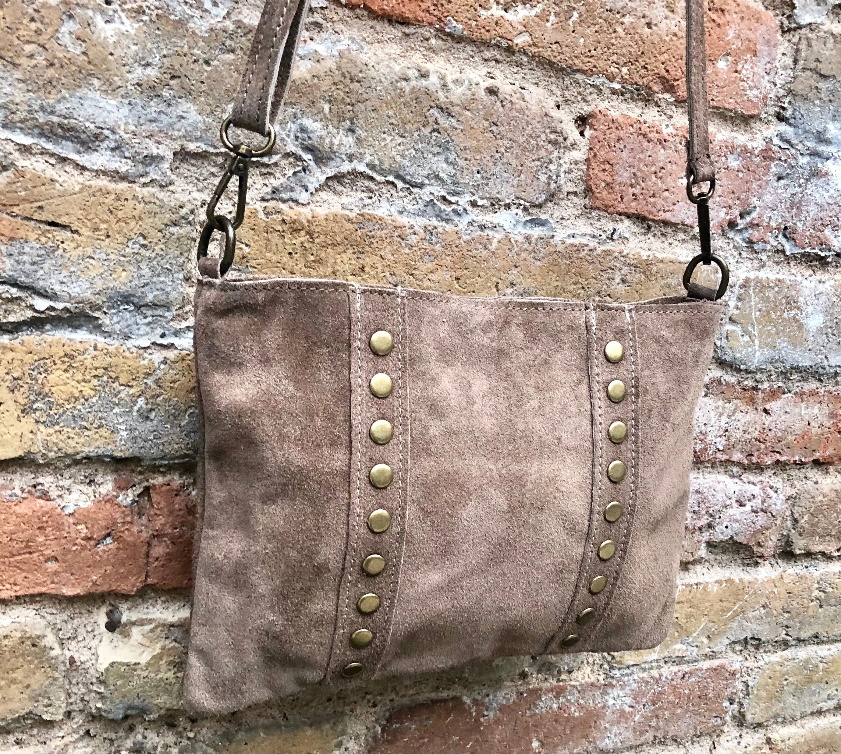 Crossbody bag. Taupe BROWN boho suede leather purse with bronze color tacks Genuine suede leather messenger bag. Light brown crossbody bag