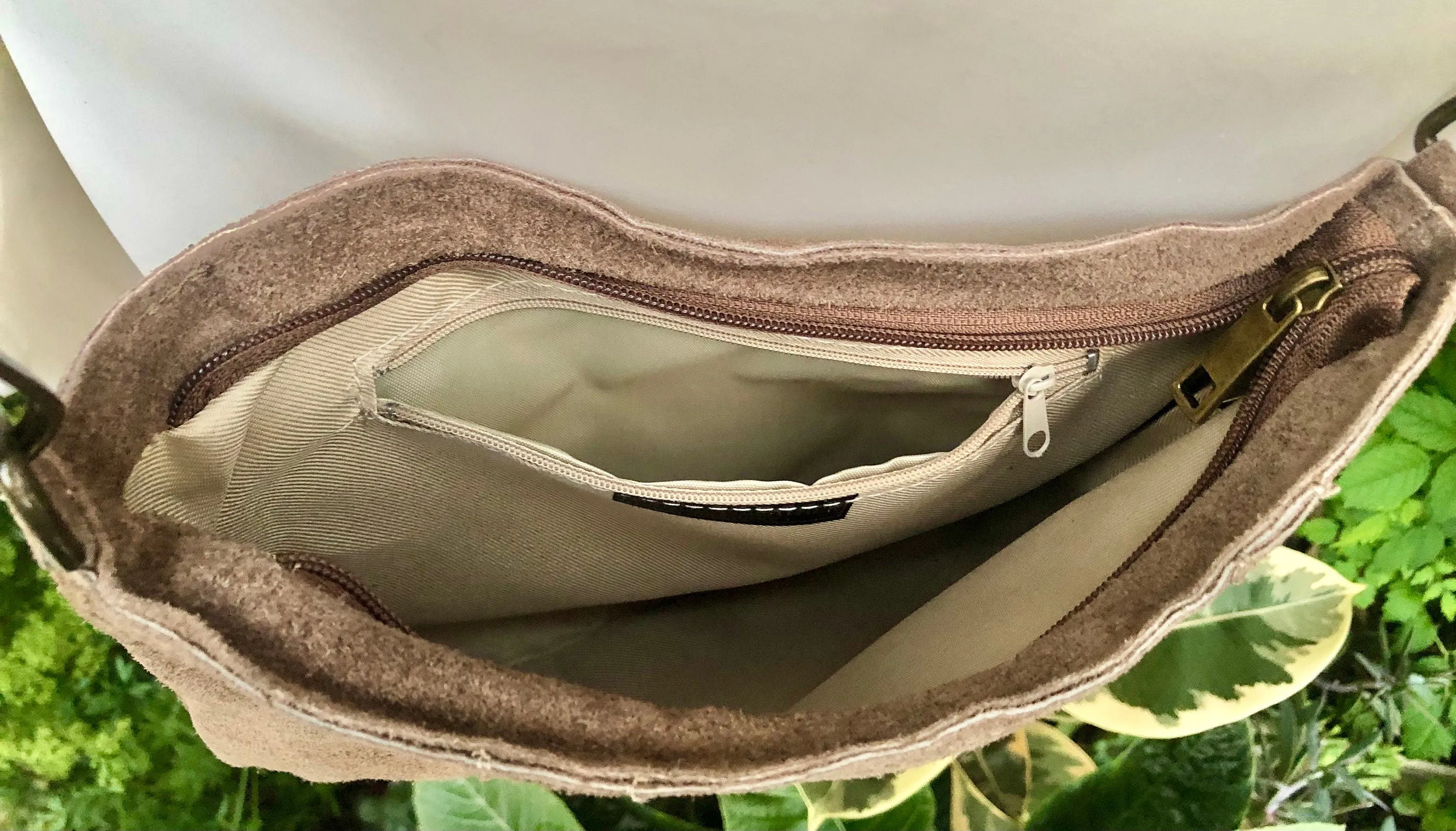 Crossbody bag. Taupe BROWN boho suede leather purse with bronze color tacks Genuine suede leather messenger bag. Light brown crossbody bag