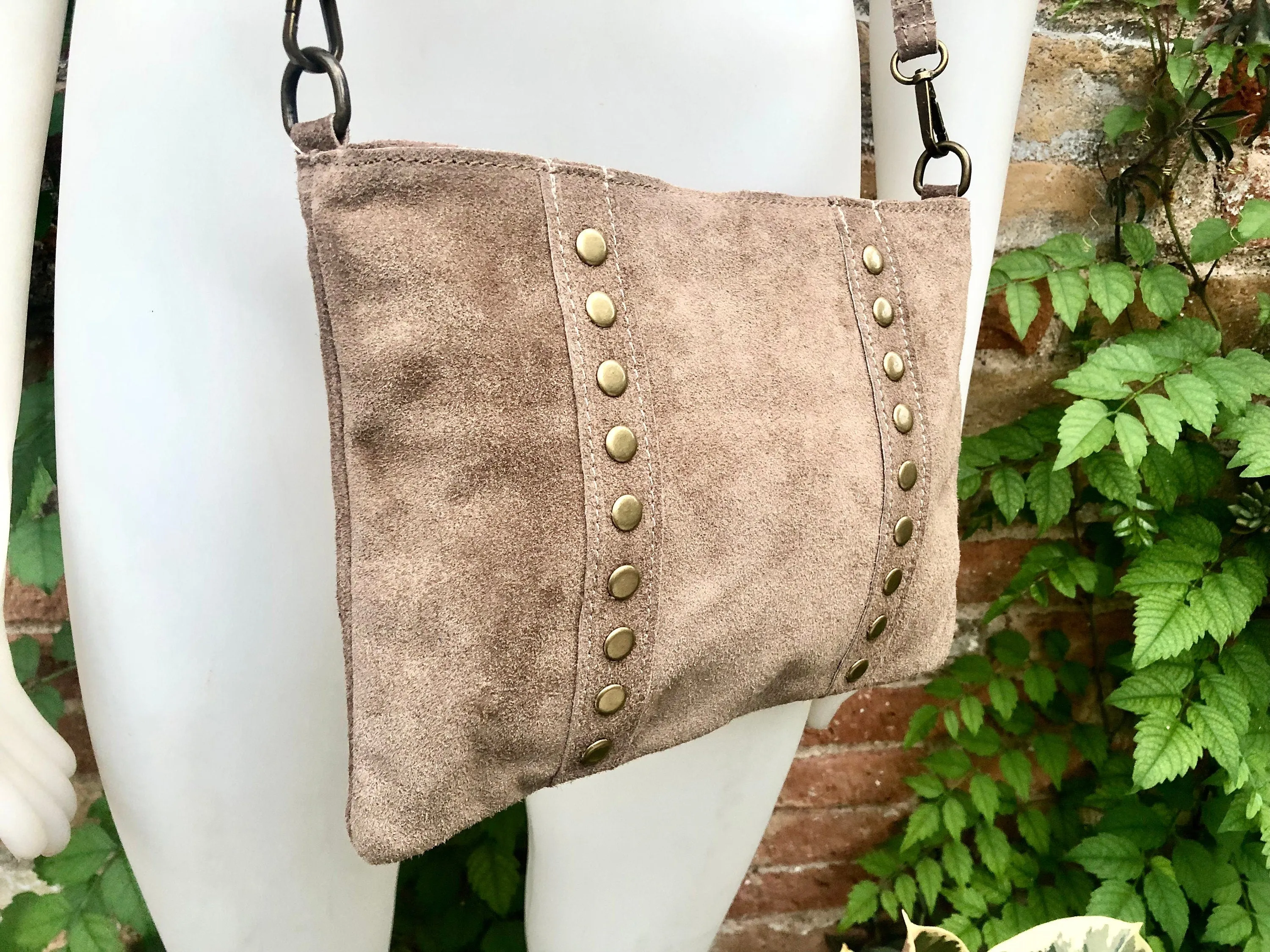 Crossbody bag. Taupe BROWN boho suede leather purse with bronze color tacks Genuine suede leather messenger bag. Light brown crossbody bag
