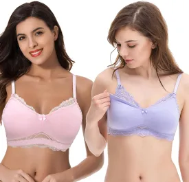 Curve Muse Plus Size Nursing Cotton Unlined Bra with Lace Trim-2 Or 3PK