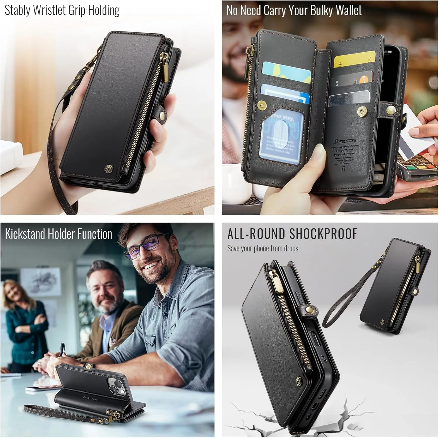 Defencase Compatible with iPhone 15 Case Wallet with RFID Blocking Card Holder for Women and Men, Fashion PU Leather Magnetic Snap Flip Zipper Strap Wallet Phone Case Fit for iPhone 15 6.1", Black