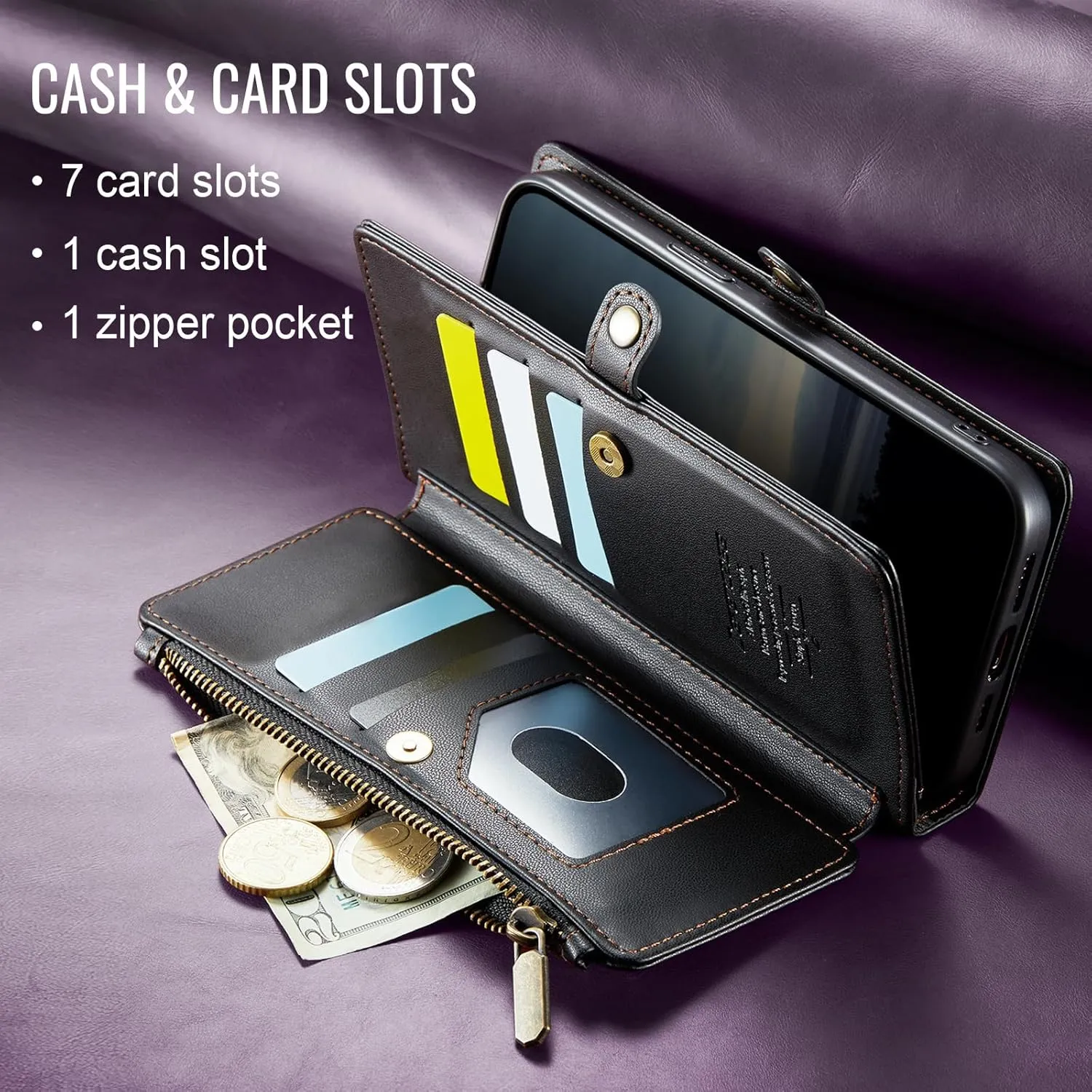 Defencase Compatible with iPhone 15 Case Wallet with RFID Blocking Card Holder for Women and Men, Fashion PU Leather Magnetic Snap Flip Zipper Strap Wallet Phone Case Fit for iPhone 15 6.1", Black