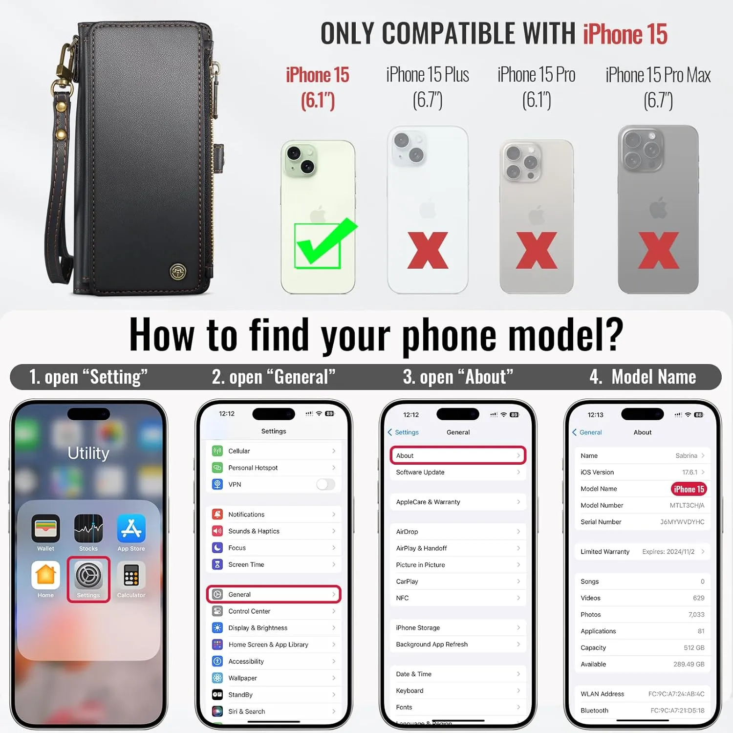 Defencase Compatible with iPhone 15 Case Wallet with RFID Blocking Card Holder for Women and Men, Fashion PU Leather Magnetic Snap Flip Zipper Strap Wallet Phone Case Fit for iPhone 15 6.1", Black
