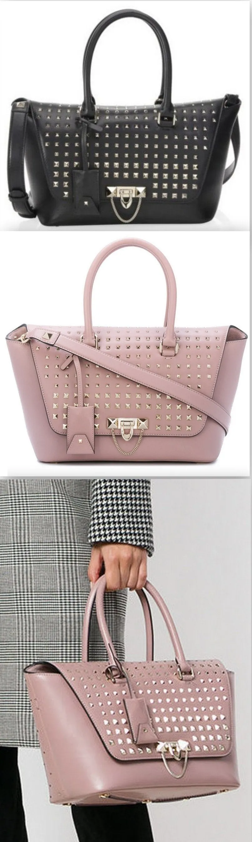 Demilune Small Double Handle Rockstud Satchel - Black or Pale Pink