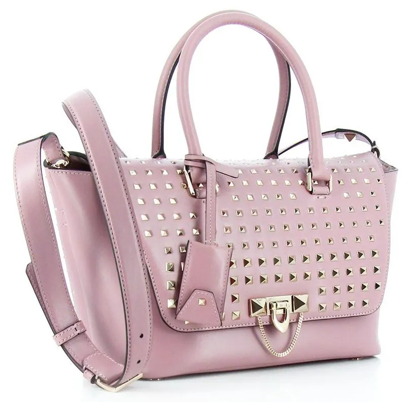 Demilune Small Double Handle Rockstud Satchel - Black or Pale Pink