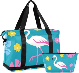 Elegant Animal Flamingo Flower Peach Overnight Travel Duffel Bag Weekend Bag with Adjustable Strap for Trip Foldable