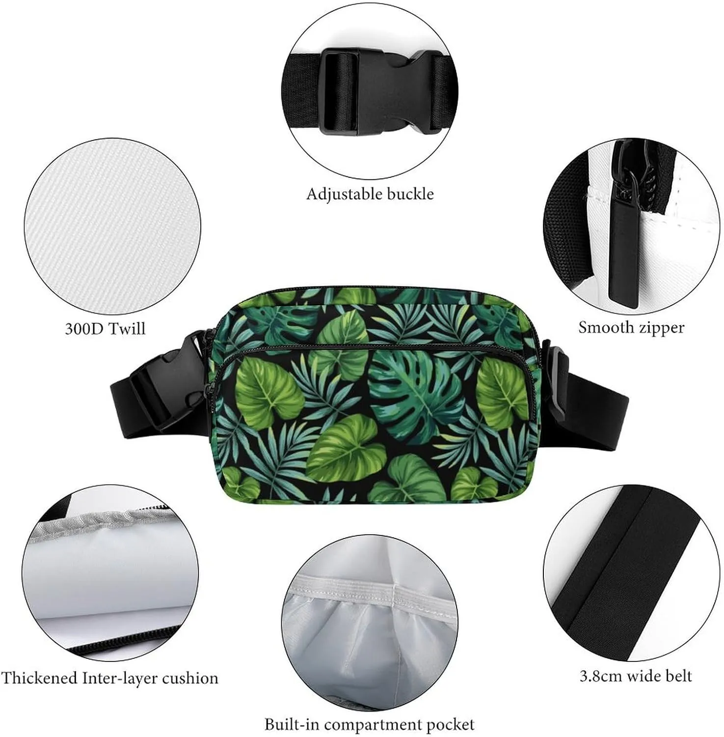 Exotic Palm Leaves Belt Bag Fanny Pack Crossbody Fashion Waist Packs With Adjustable Strap For Men Women Travel Hiking Cycling Running