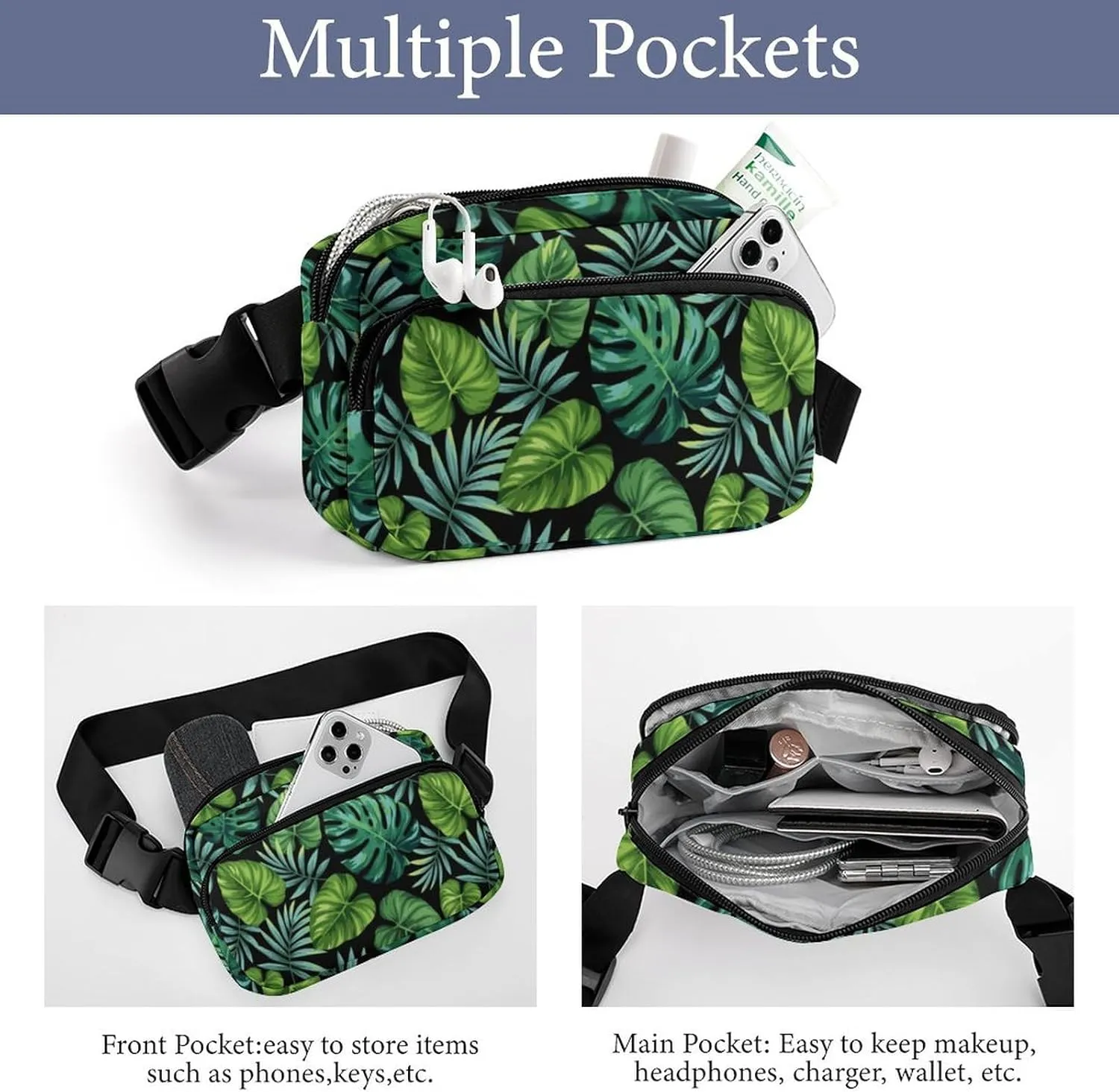 Exotic Palm Leaves Belt Bag Fanny Pack Crossbody Fashion Waist Packs With Adjustable Strap For Men Women Travel Hiking Cycling Running