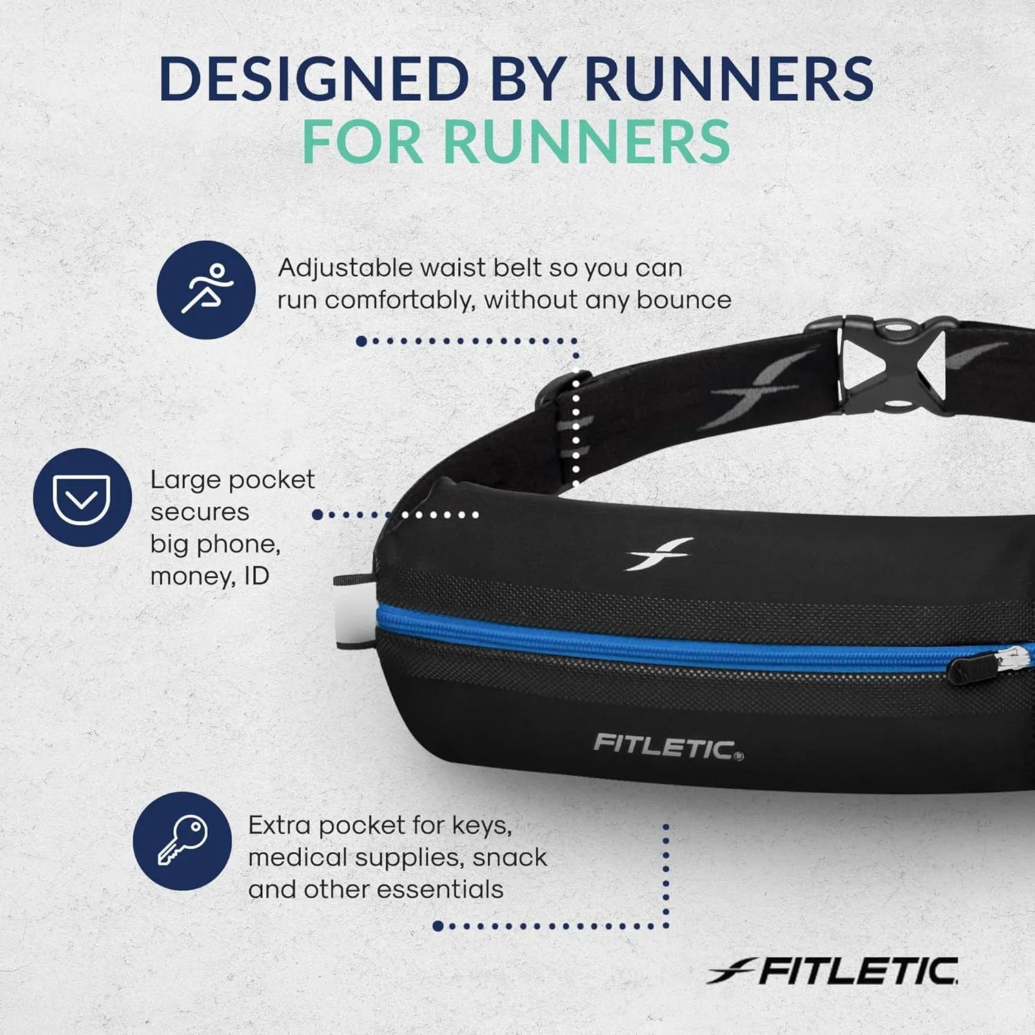 Fitletic Bolt Double Pocket Running Belt & Active Fanny Pack For Men & Women  Water Resistant, Lightweight Sleek Design  Patented No Bounce Hip Hugging Fit  Holds Any Phone