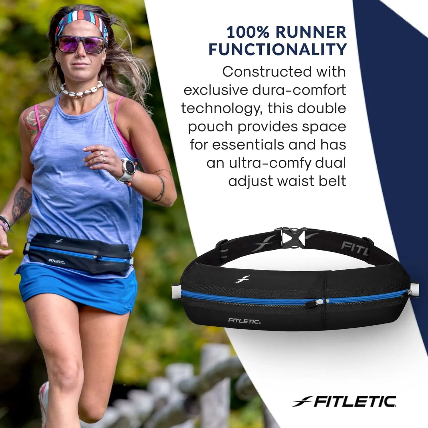 Fitletic Bolt Double Pocket Running Belt & Active Fanny Pack For Men & Women  Water Resistant, Lightweight Sleek Design  Patented No Bounce Hip Hugging Fit  Holds Any Phone