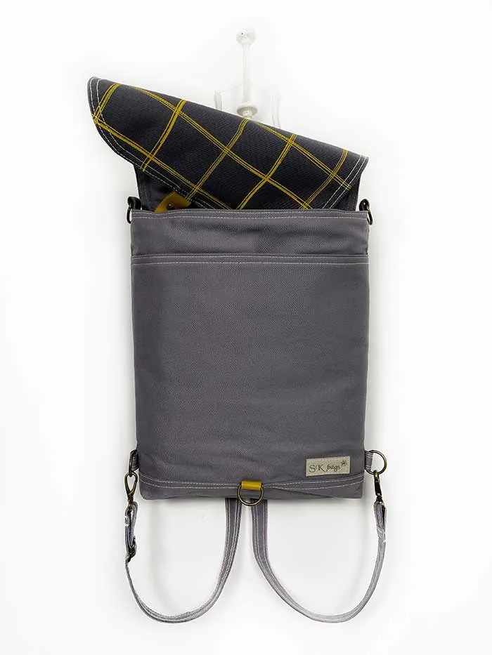 Gray Square Design Flap Backpack made from canvas fabric