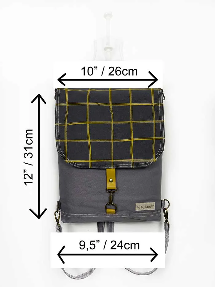 Gray Square Design Flap Backpack made from canvas fabric