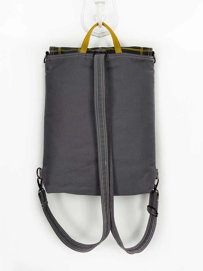 Gray Square Design Flap Backpack made from canvas fabric