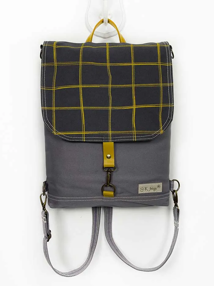 Gray Square Design Flap Backpack made from canvas fabric