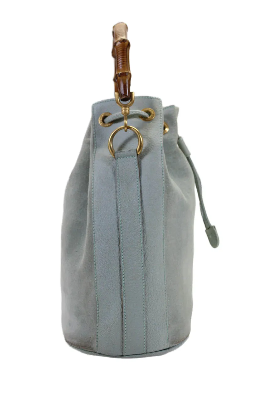 Gucci Womens Medium Drawstring Bamboo Top Handle Vintage Bucket Handbag Blue