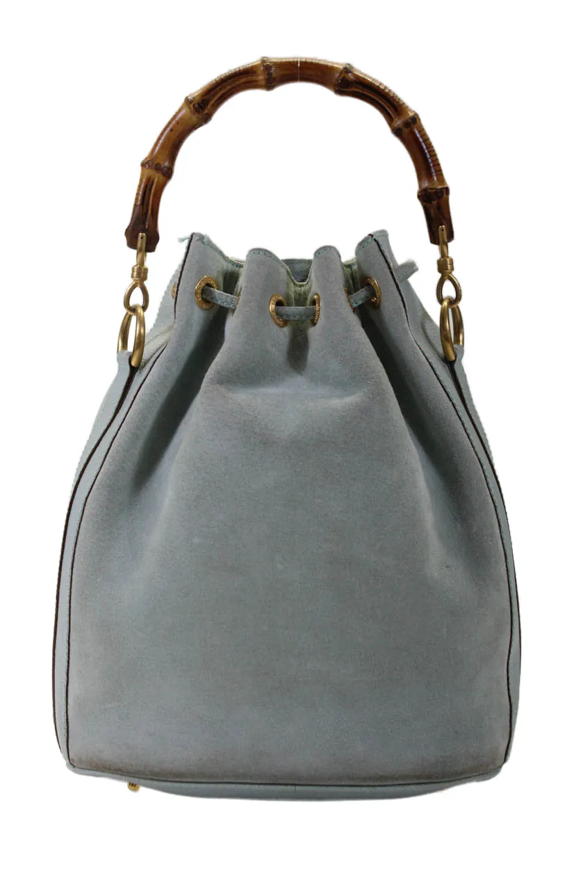Gucci Womens Medium Drawstring Bamboo Top Handle Vintage Bucket Handbag Blue